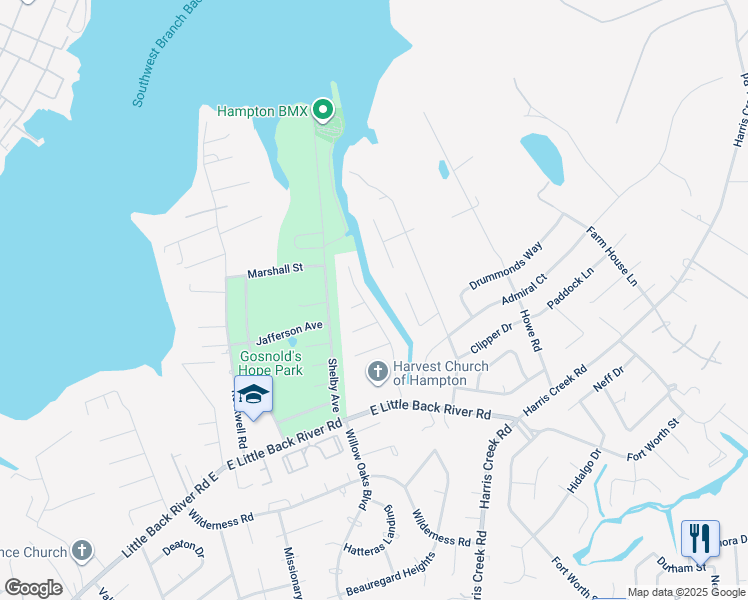 map of restaurants, bars, coffee shops, grocery stores, and more near 32 West Riverpoint Drive in Hampton