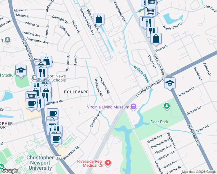 map of restaurants, bars, coffee shops, grocery stores, and more near 28 Huguenot Road in Newport News