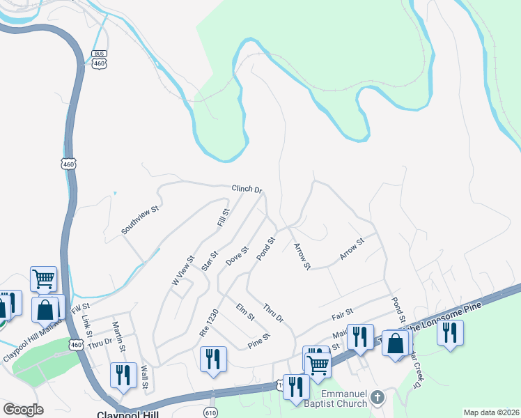 map of restaurants, bars, coffee shops, grocery stores, and more near 173 Clinch Drive in Pounding Mill