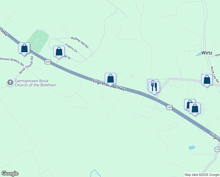 map of restaurants, bars, coffee shops, grocery stores, and more near 20735 Virgil H Goode Highway in Rocky Mount
