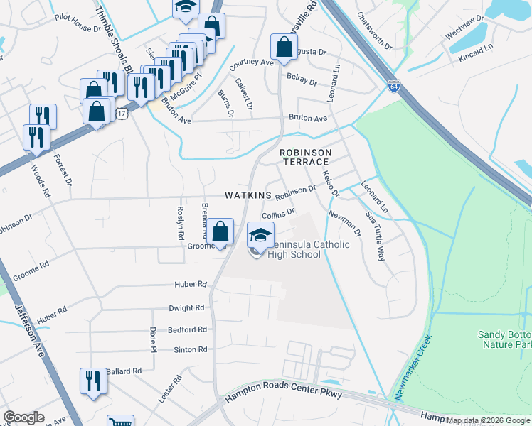 map of restaurants, bars, coffee shops, grocery stores, and more near 640 Daniel Drive in Newport News