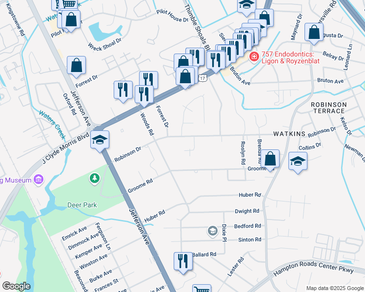 map of restaurants, bars, coffee shops, grocery stores, and more near 601 Beacon Court in Newport News