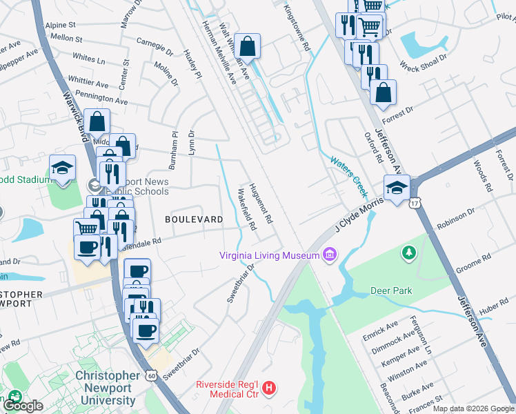 map of restaurants, bars, coffee shops, grocery stores, and more near 30 Huguenot Road in Newport News