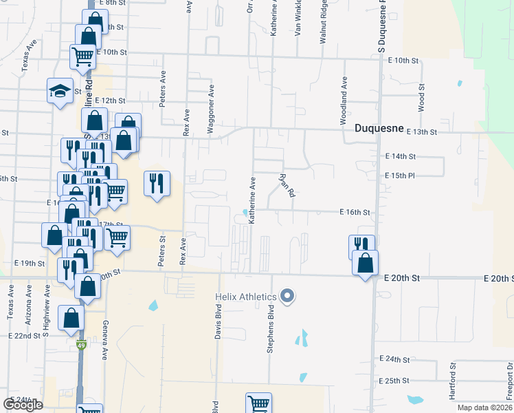 map of restaurants, bars, coffee shops, grocery stores, and more near 3600-3636 E 16th St in Joplin
