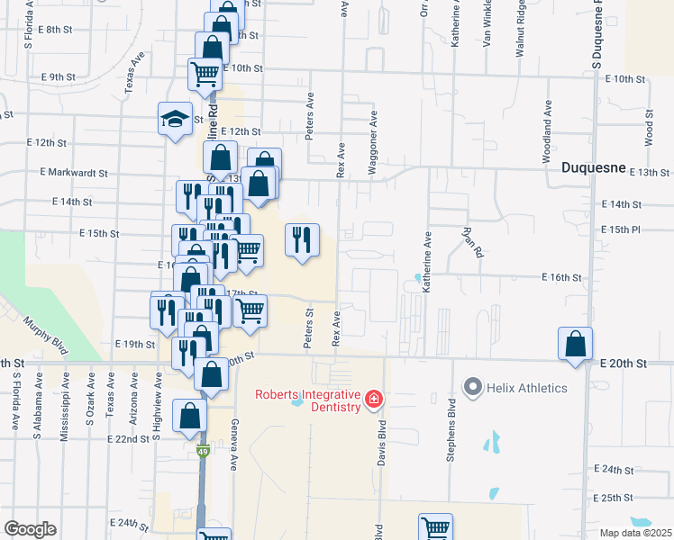 map of restaurants, bars, coffee shops, grocery stores, and more near 1631 Rex Avenue in Joplin