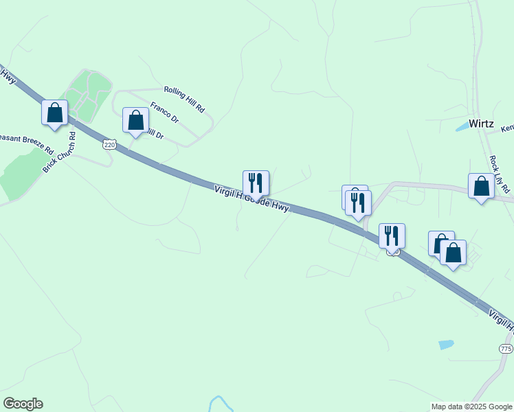 map of restaurants, bars, coffee shops, grocery stores, and more near 20733 Virgil H Goode Highway in Rocky Mount