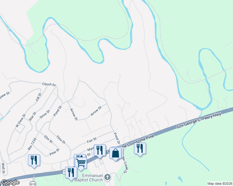 map of restaurants, bars, coffee shops, grocery stores, and more near 536 Grannys Road in Pounding Mill