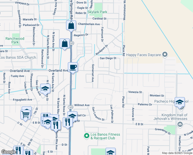 map of restaurants, bars, coffee shops, grocery stores, and more near 343 San Bernardino Street in Los Banos