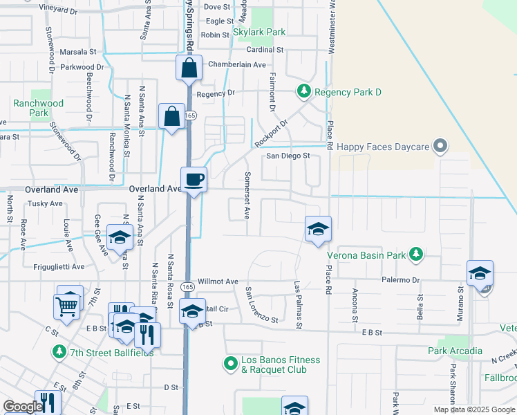 map of restaurants, bars, coffee shops, grocery stores, and more near 343 San Bernardino Street in Los Banos