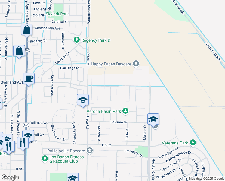 map of restaurants, bars, coffee shops, grocery stores, and more near 404 Rice Way in Los Banos