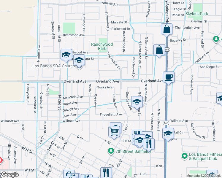 map of restaurants, bars, coffee shops, grocery stores, and more near 335 Louie Avenue in Los Banos