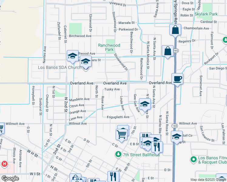 map of restaurants, bars, coffee shops, grocery stores, and more near 335 Louie Avenue in Los Banos