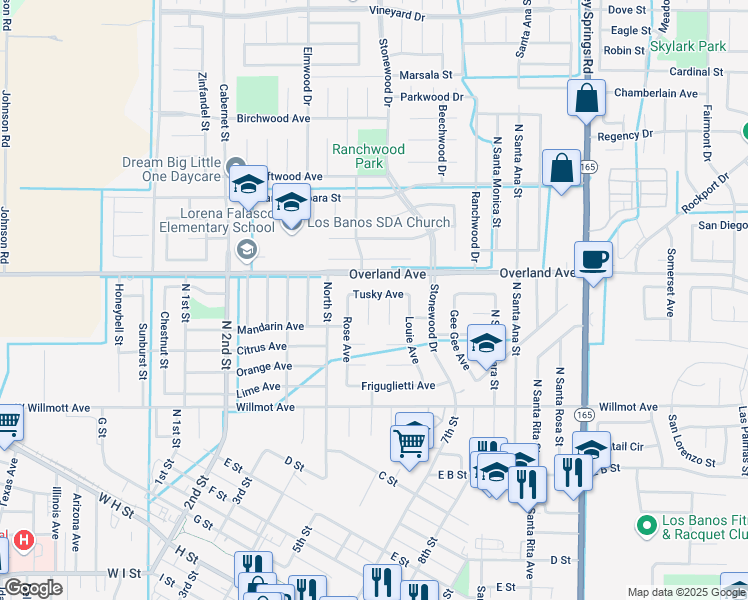 map of restaurants, bars, coffee shops, grocery stores, and more near 665 Tusky Avenue in Los Banos