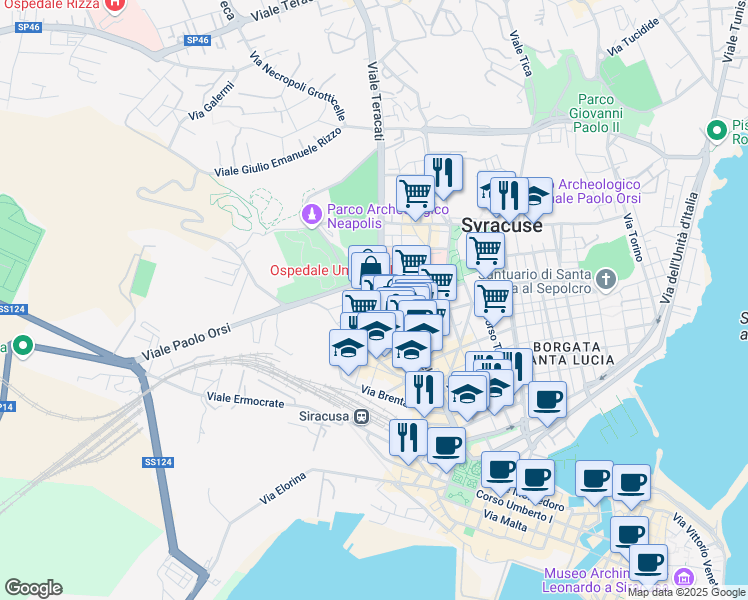 map of restaurants, bars, coffee shops, grocery stores, and more near 93 Corso Gelone in Siracusa
