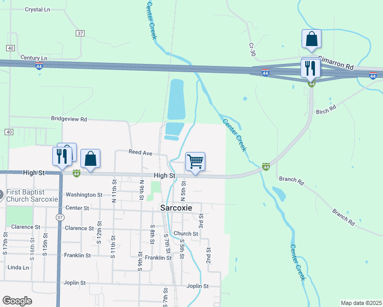 map of restaurants, bars, coffee shops, grocery stores, and more near 308 North 5th Street in Sarcoxie