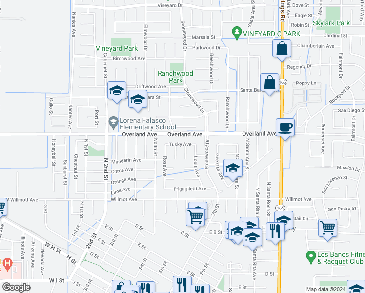 map of restaurants, bars, coffee shops, grocery stores, and more near 673 Tusky Avenue in Los Banos