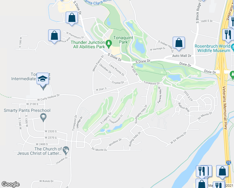 map of restaurants, bars, coffee shops, grocery stores, and more near 2072 South Legacy Drive in St. George