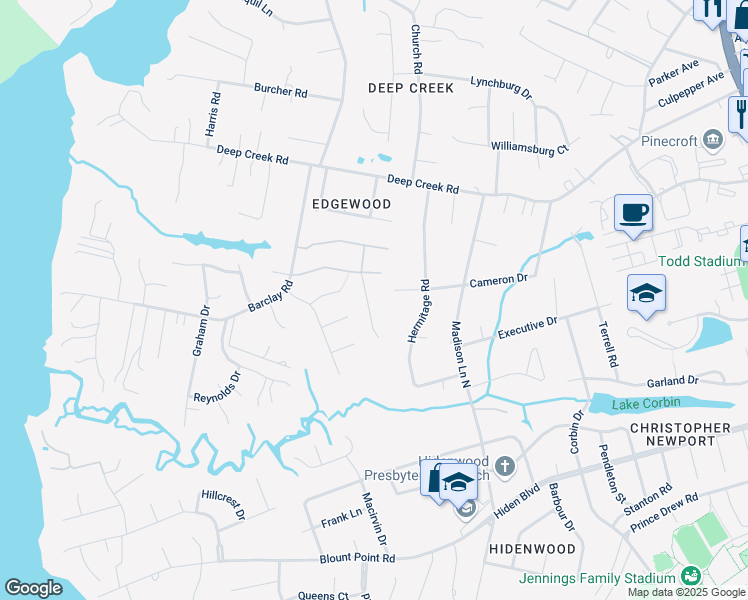 map of restaurants, bars, coffee shops, grocery stores, and more near 108 Ship Haven Drive in Newport News
