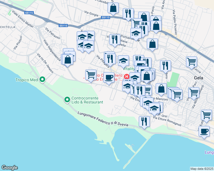map of restaurants, bars, coffee shops, grocery stores, and more near 32 Viale Indipendenza in Gela