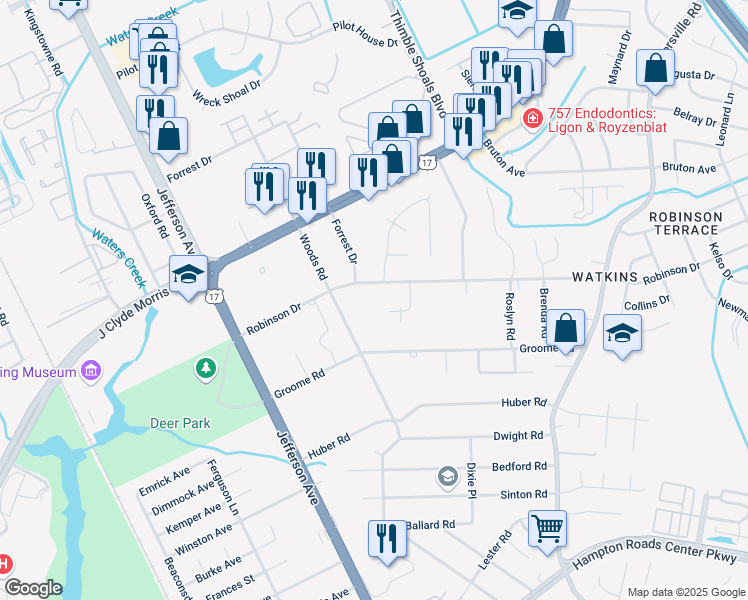 map of restaurants, bars, coffee shops, grocery stores, and more near 61 Robinson Drive in Newport News