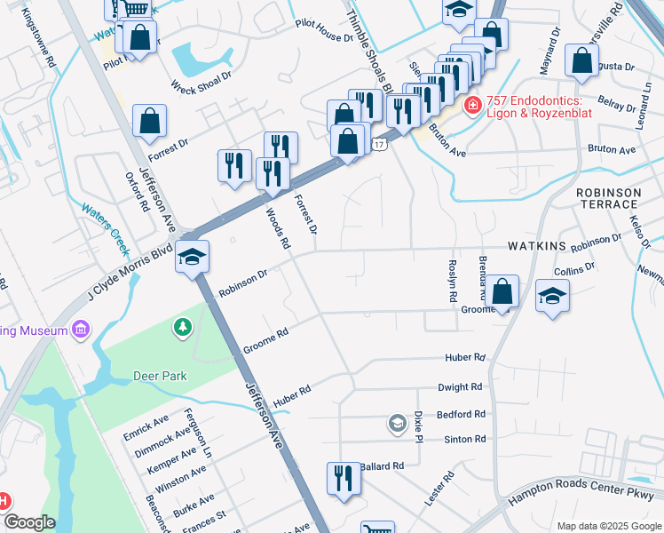 map of restaurants, bars, coffee shops, grocery stores, and more near 61 Robinson Drive in Newport News