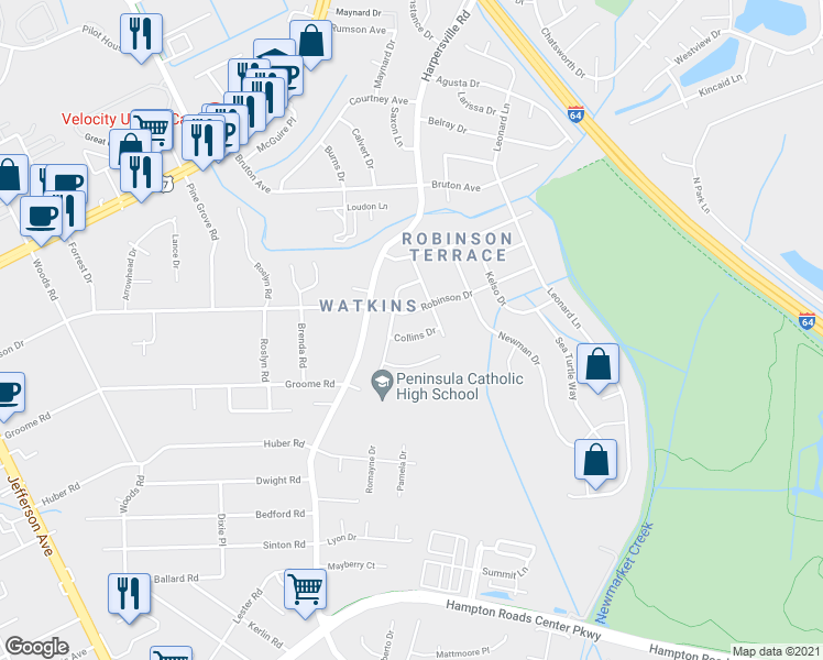 map of restaurants, bars, coffee shops, grocery stores, and more near 214 Collins Drive in Newport News