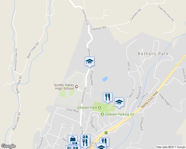 map of restaurants, bars, coffee shops, grocery stores, and more near 40 Deerfield Drive in Scotts Valley