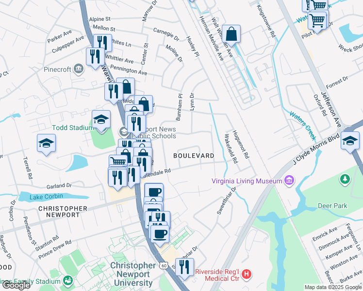 map of restaurants, bars, coffee shops, grocery stores, and more near 8 Carolyn Drive in Newport News