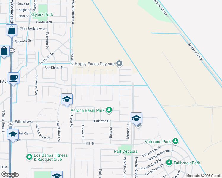 map of restaurants, bars, coffee shops, grocery stores, and more near 405 Greene Way in Los Banos