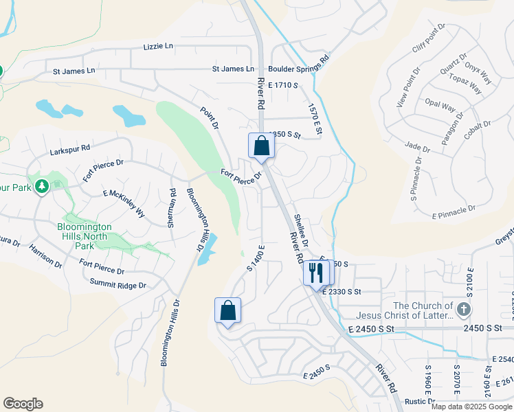 map of restaurants, bars, coffee shops, grocery stores, and more near 2050 South 1400 East in St. George
