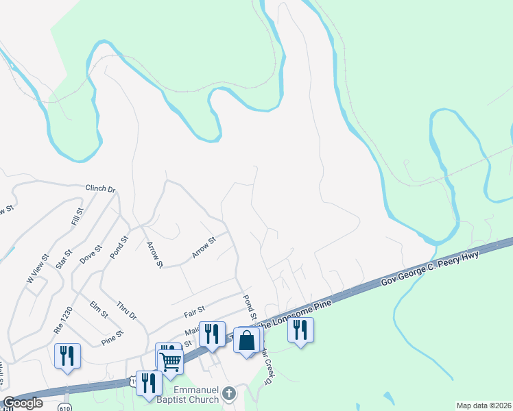 map of restaurants, bars, coffee shops, grocery stores, and more near 536 Grannys Road in Pounding Mill