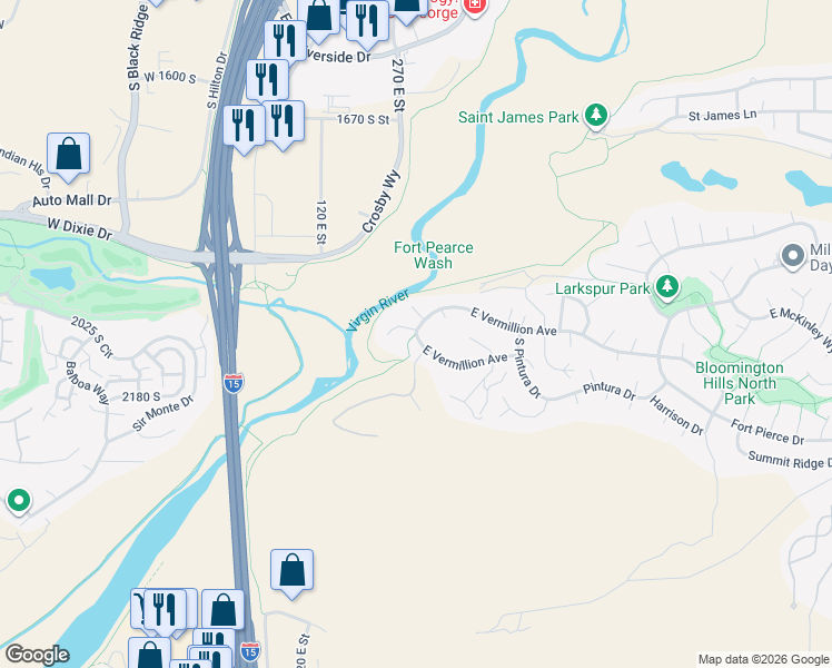 map of restaurants, bars, coffee shops, grocery stores, and more near 184 Vermillion Avenue in St. George