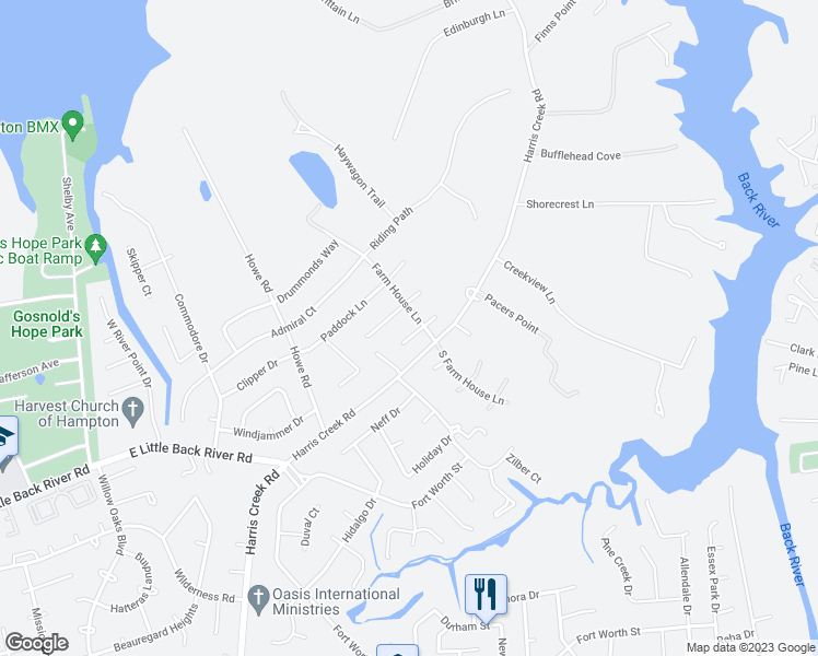 map of restaurants, bars, coffee shops, grocery stores, and more near 5 Charolais Run in Hampton