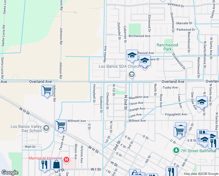 map of restaurants, bars, coffee shops, grocery stores, and more near 367 Chestnut Street in Los Banos