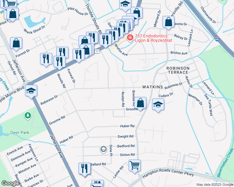 map of restaurants, bars, coffee shops, grocery stores, and more near 99 Robinson Drive in Newport News