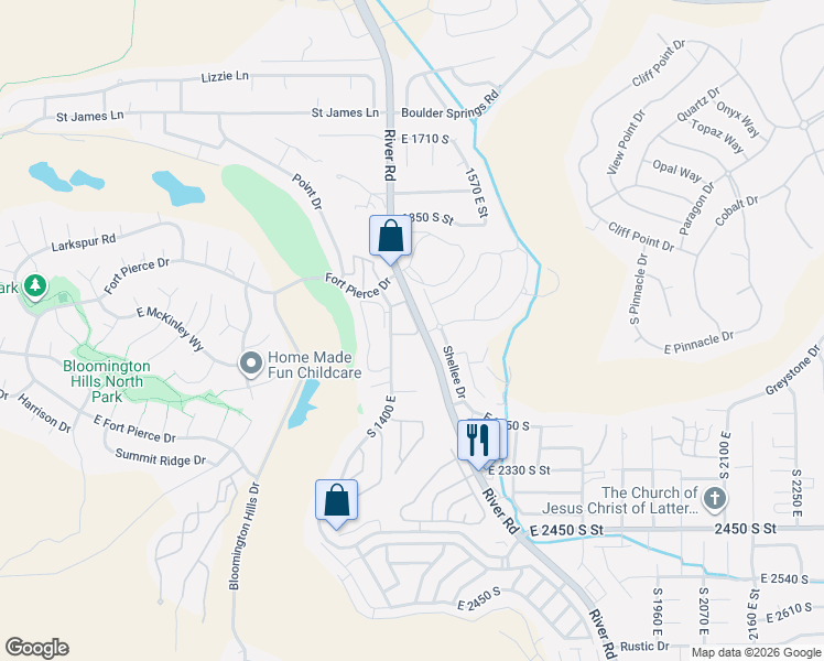 map of restaurants, bars, coffee shops, grocery stores, and more near 2045 South 1400 East in St. George