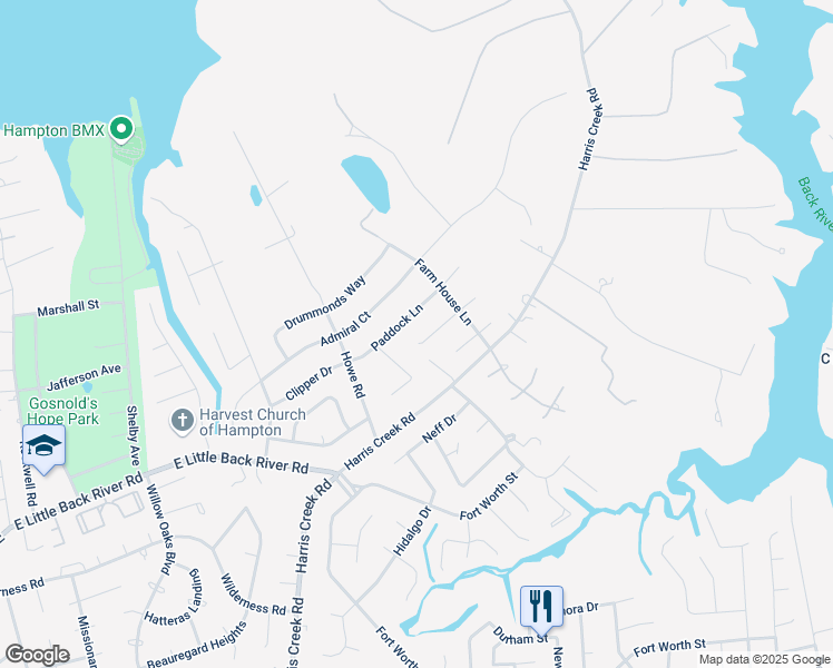 map of restaurants, bars, coffee shops, grocery stores, and more near 15 Sugarberry Run in Hampton