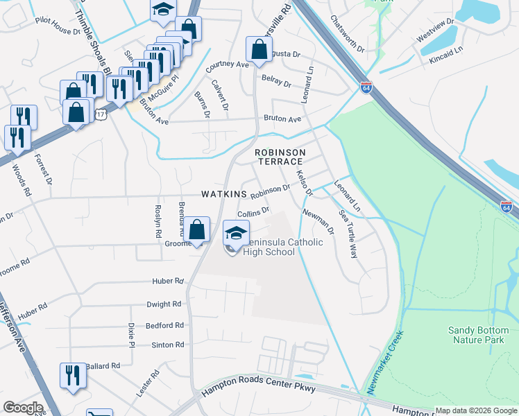 map of restaurants, bars, coffee shops, grocery stores, and more near 219 Collins Drive in Newport News