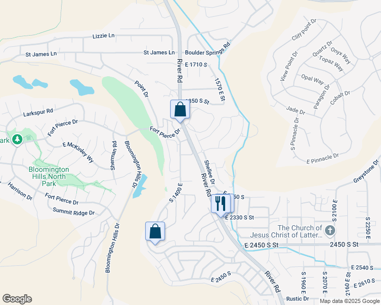 map of restaurants, bars, coffee shops, grocery stores, and more near 2045 South 1400 East in St. George
