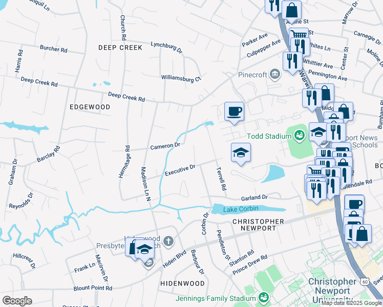 map of restaurants, bars, coffee shops, grocery stores, and more near 109 Leslie Drive in Newport News