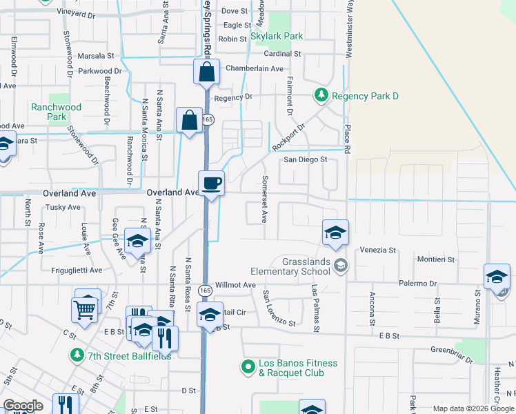 map of restaurants, bars, coffee shops, grocery stores, and more near 1418 Nottingham Circle in Los Banos