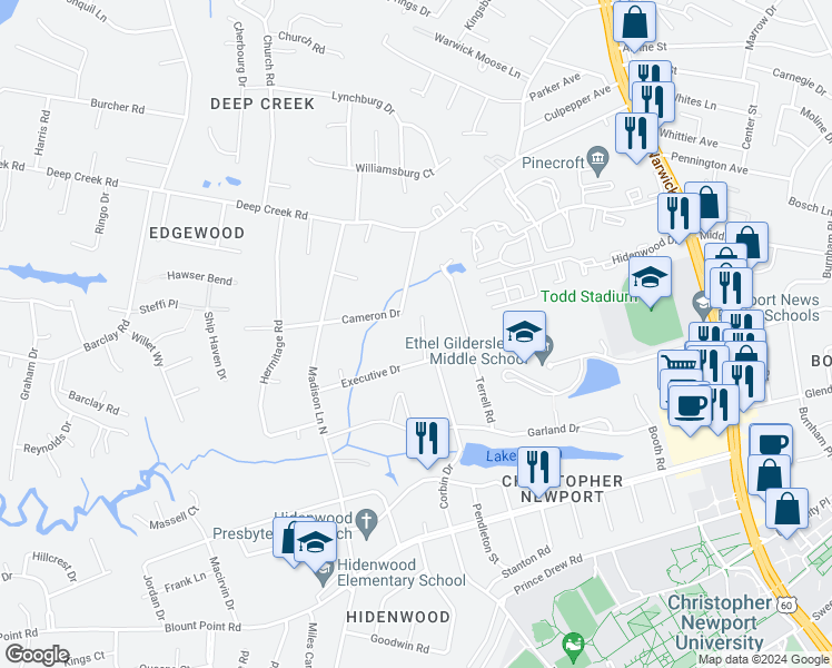 map of restaurants, bars, coffee shops, grocery stores, and more near 109 Leslie Drive in Newport News