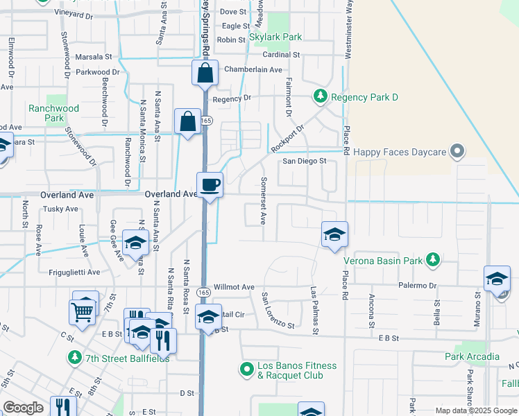 map of restaurants, bars, coffee shops, grocery stores, and more near 1447 Nottingham Circle in Los Banos