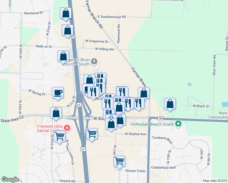 map of restaurants, bars, coffee shops, grocery stores, and more near 5577 North 17th Street in Ozark
