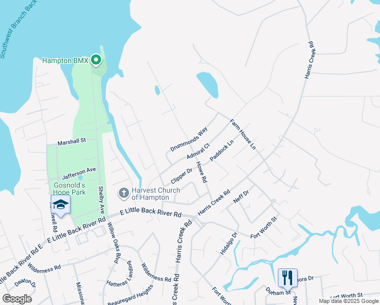 map of restaurants, bars, coffee shops, grocery stores, and more near 121 Admiral Court in Hampton