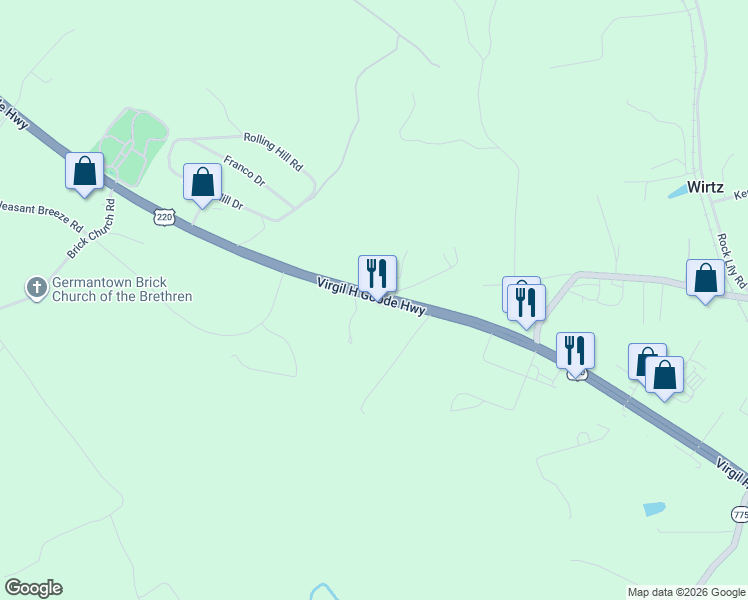 map of restaurants, bars, coffee shops, grocery stores, and more near 20735 Virgil H Goode Highway in Rocky Mount