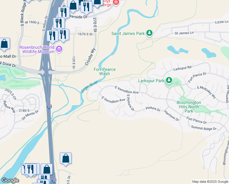 map of restaurants, bars, coffee shops, grocery stores, and more near 2201 San Carlos Court in St. George