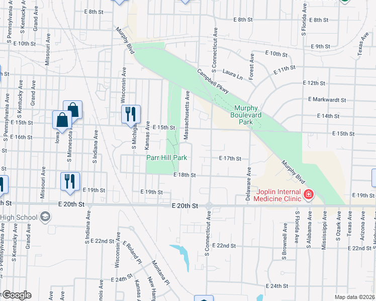 map of restaurants, bars, coffee shops, grocery stores, and more near E 17th St in Joplin