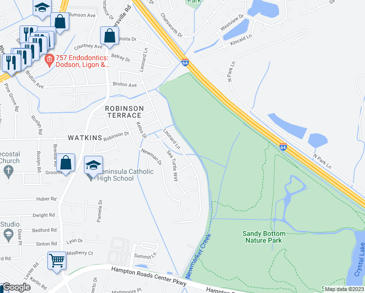 map of restaurants, bars, coffee shops, grocery stores, and more near 622 Leonard Lane in Newport News