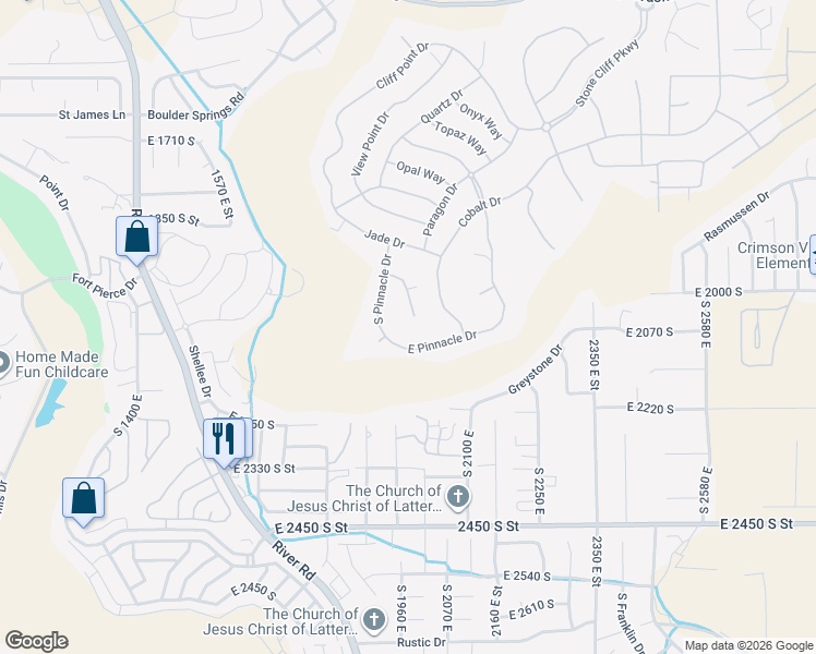 map of restaurants, bars, coffee shops, grocery stores, and more near 2040 South Pinnacle Circle in St. George